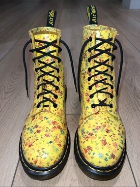 Dr. Martens Yellow Floral Lace-Up Boots with Black Laces